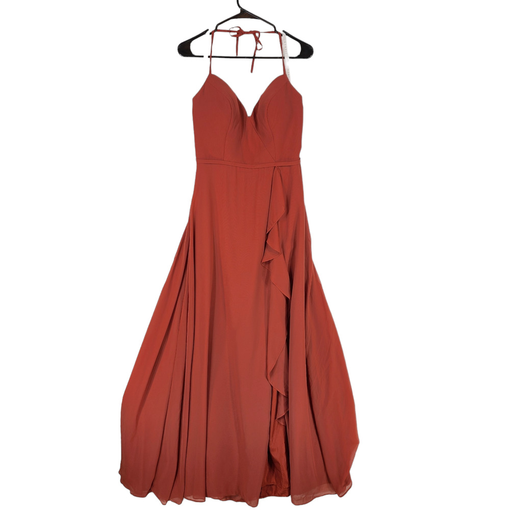 Azazie Halter Maxi Dress sz 10 Women Caramel Burnt Orange Front Slit Ruffle READ